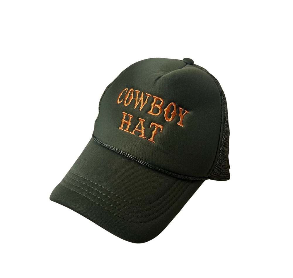 Cowboy Hat Embroidered Mesh Back Trucker Cap - Forest Green/Orange